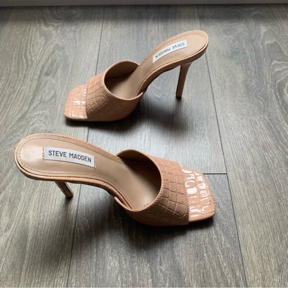 Steve Madden Signal Embossed Mules pink Slip On High Heels Square toe Size 7 - Picture 4 of 11